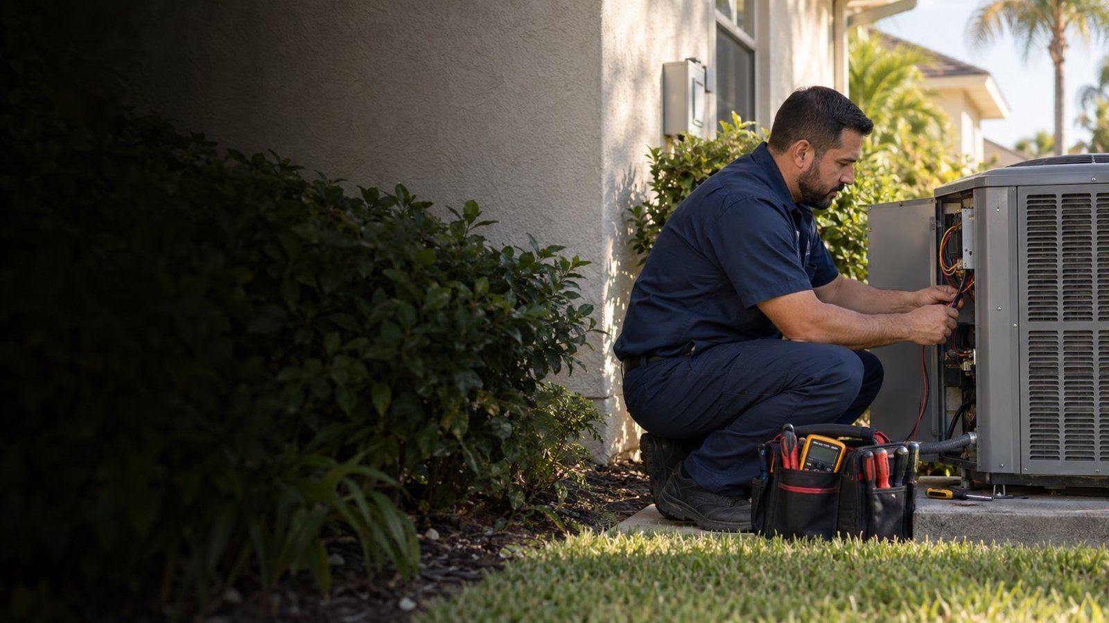 Aircore technician testing an outdoor AC condenser beside a Florida home